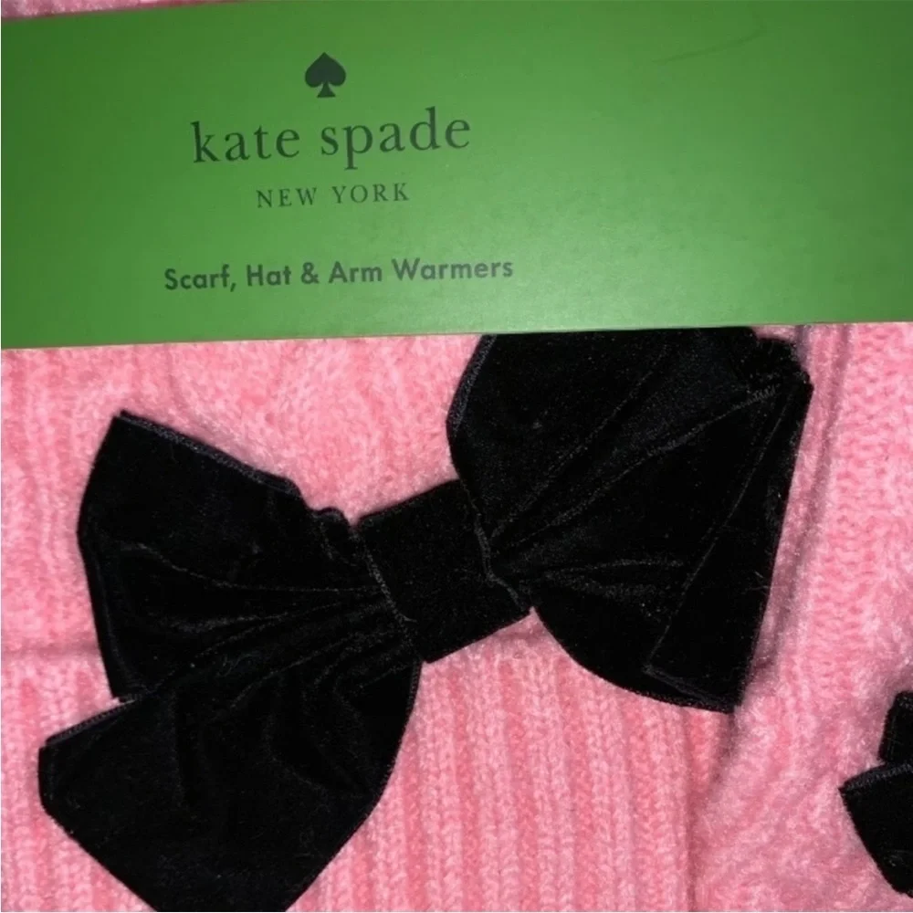 Kate Spade Pink Hat,Arm Warmers, Scarf With Bows Box Set NWT